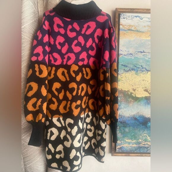 FARM Rio Leopard Pattern Sweater Dress High Neck Multicolored Sz L NWT - Picture 9 of 17